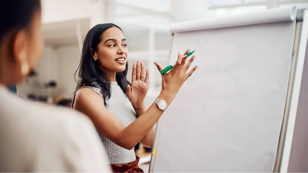 Professional woman at a an easel with a large paper pad, explaining a business issue to a colleague.